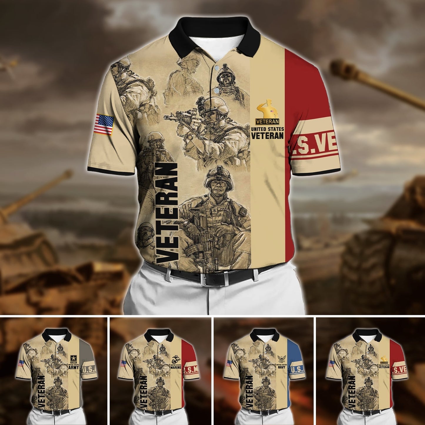 Frenzidea Premium U.S Multiple Service Veteran Polo Shirt