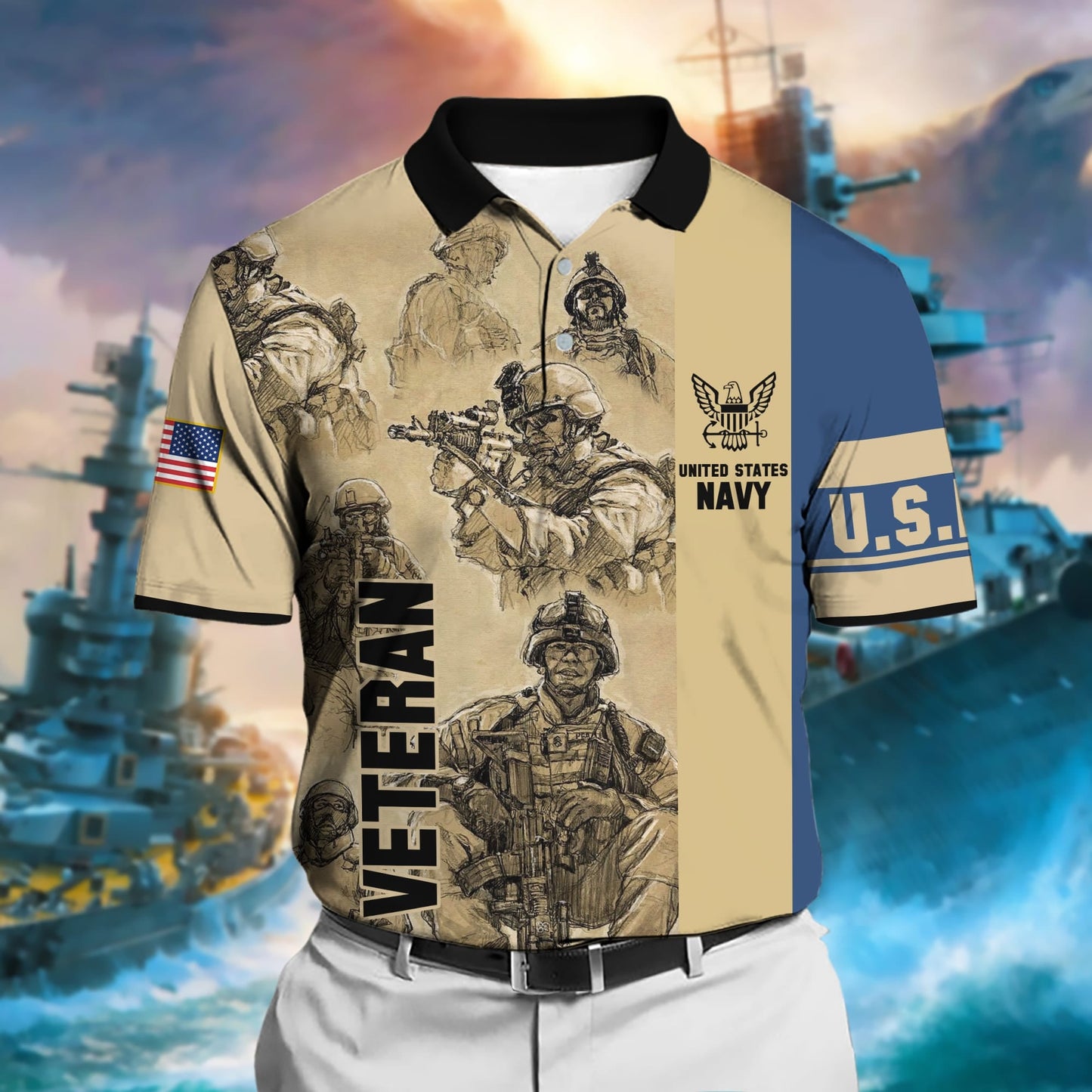 Frenzidea Premium U.S Multiple Service Veteran Polo Shirt