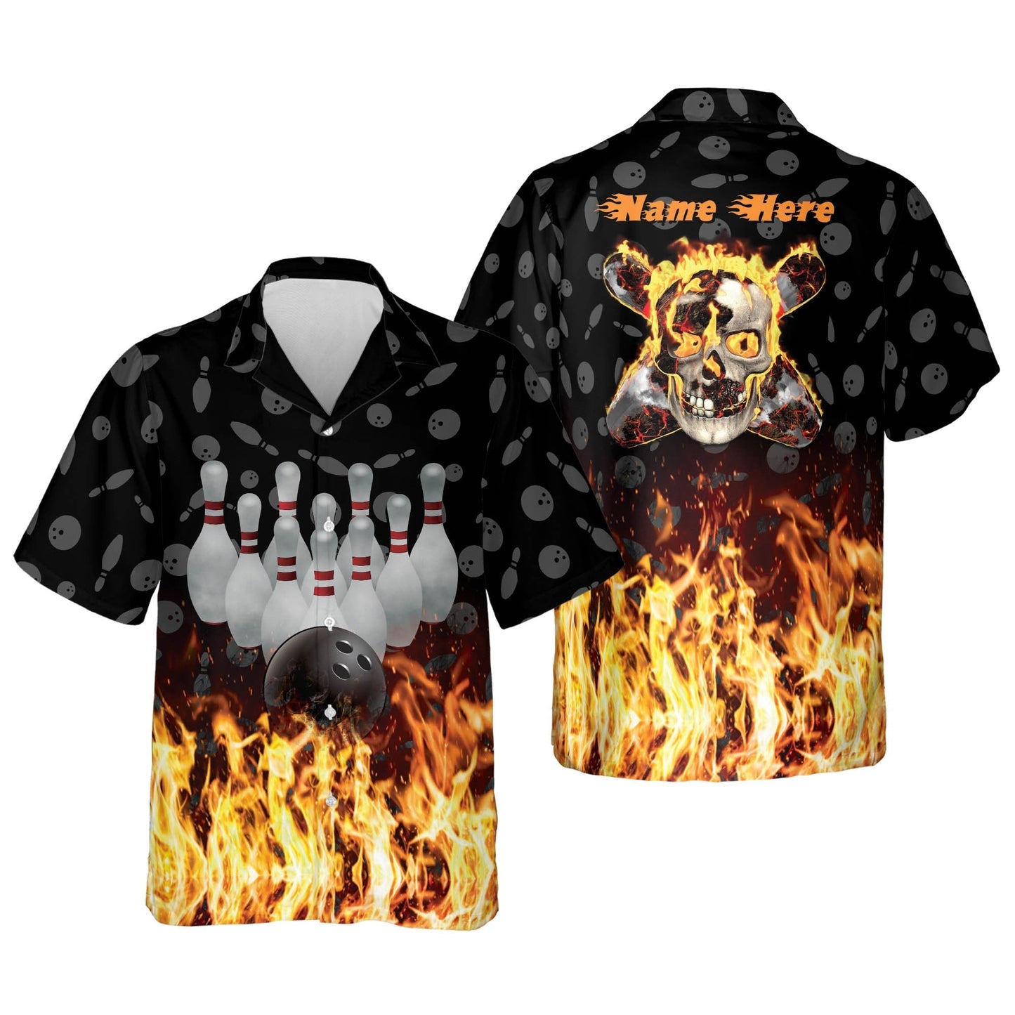 Frenzideas Flame Skull Personalized Name Hawaiian Shirt