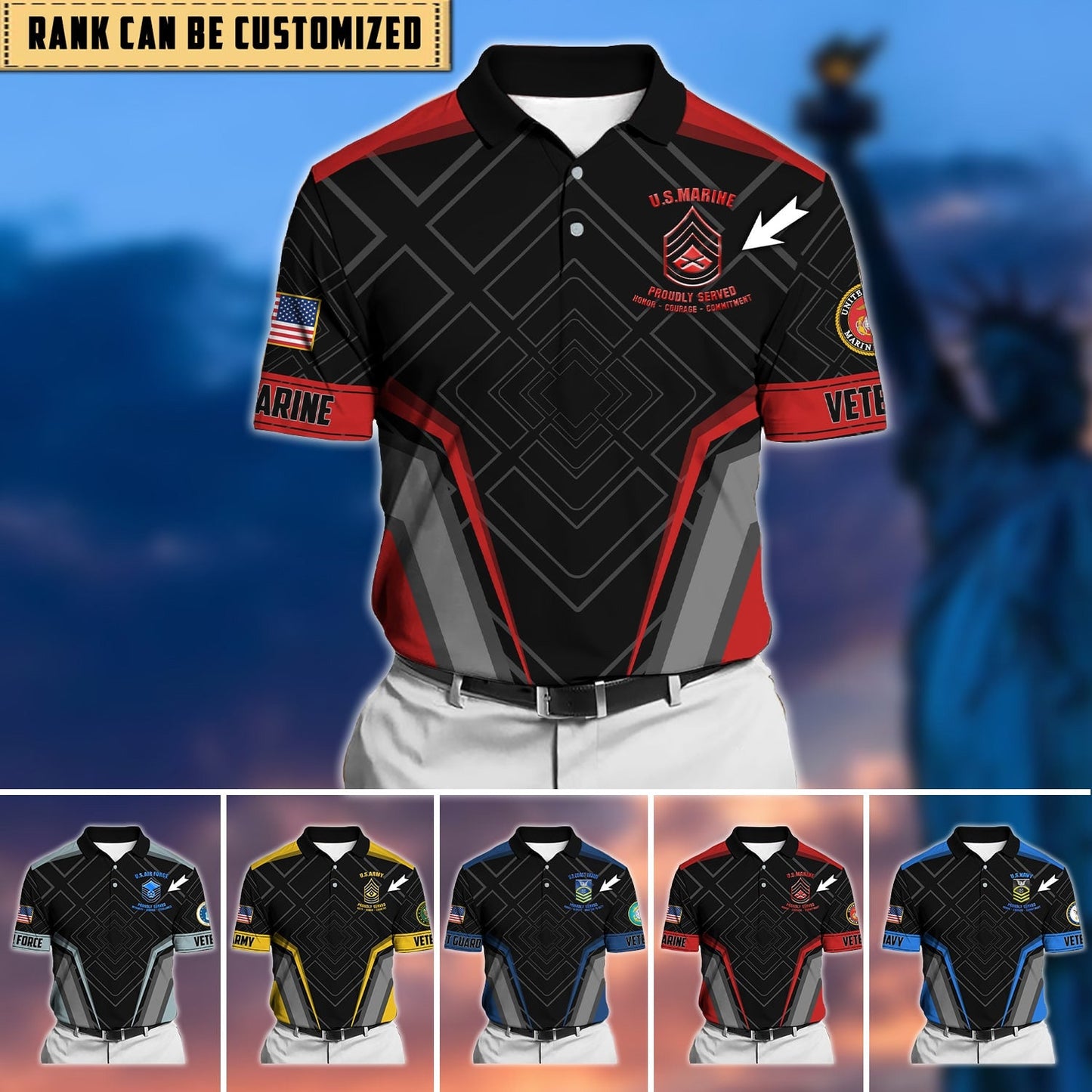 Frenzidea Premium Personalised U.S Multiple Service Veteran Polo Shirt