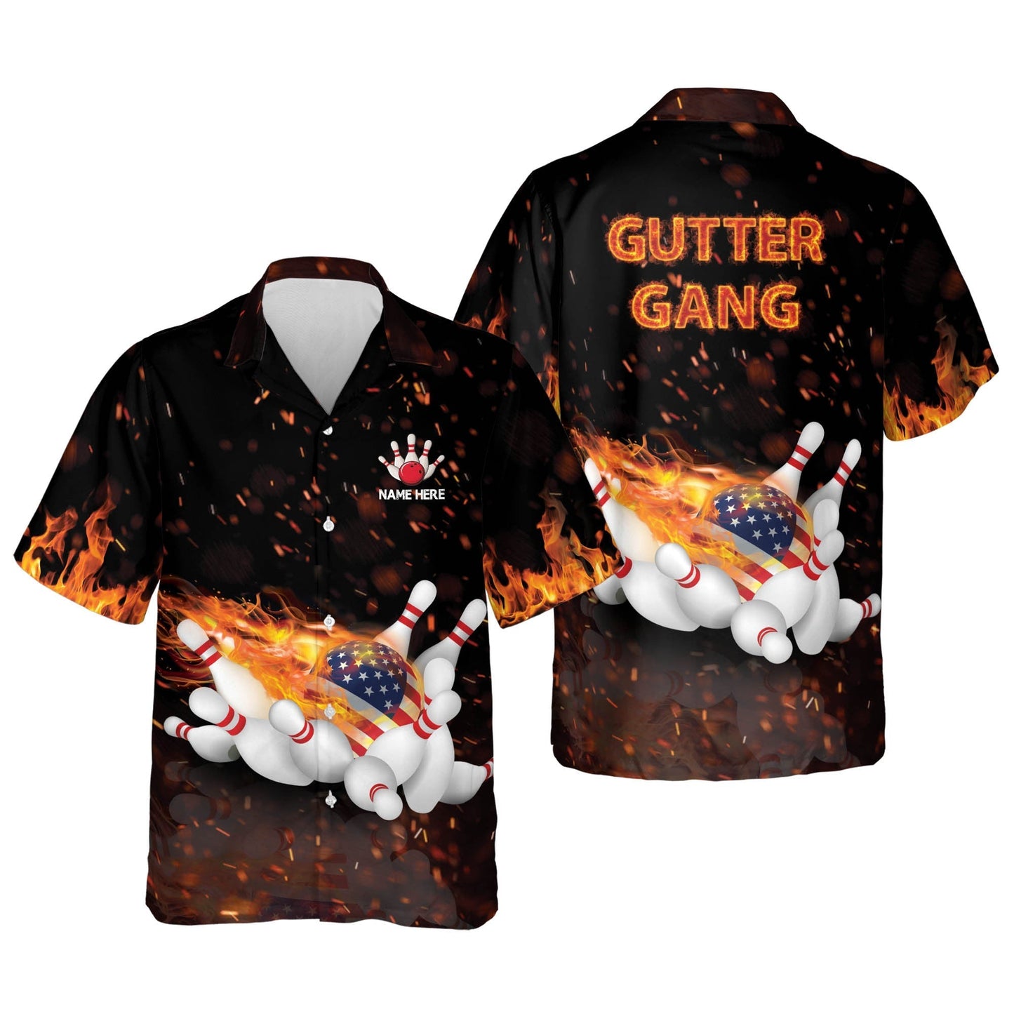 Frenzideas Flame Bowling Gutter Gang Personalized Name Hawaiian Shirt