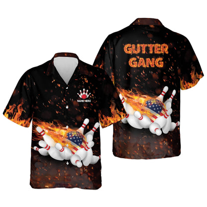 Frenzideas Flame Bowling Gutter Gang Personalized Name Hawaiian Shirt