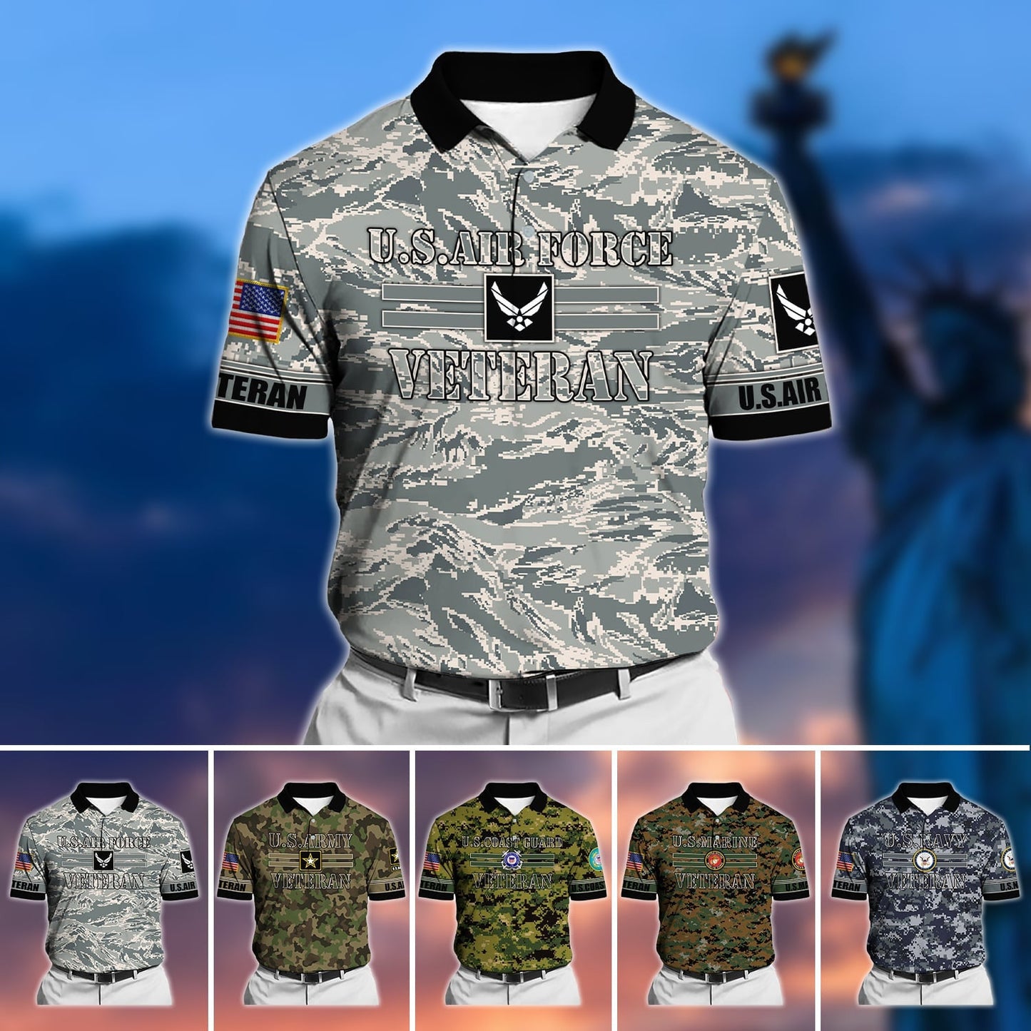 Frenzidea Premium U.S Multiple Service Veteran Polo Shirt