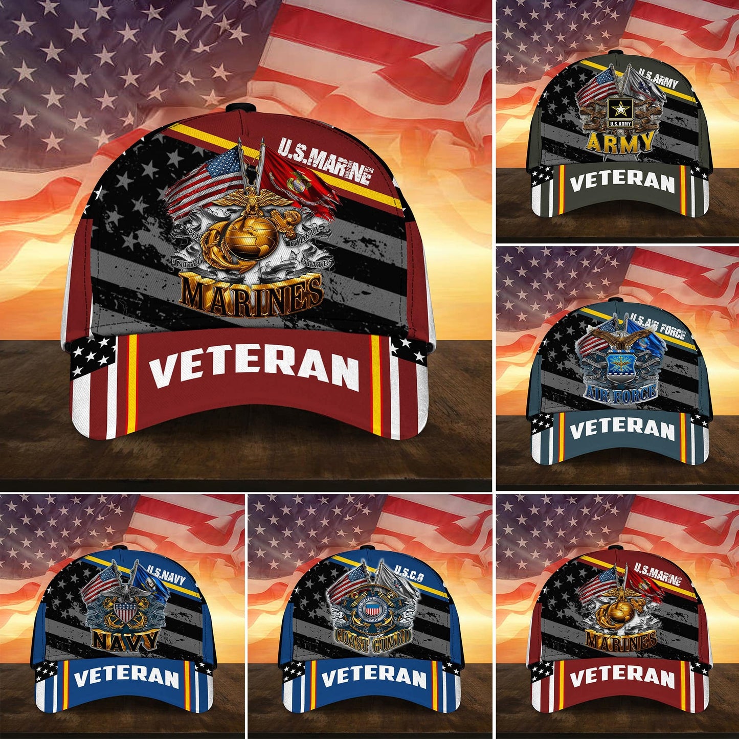 BlueJose Premium Multiple US Military Services Veteran 3D Cap PVC241203