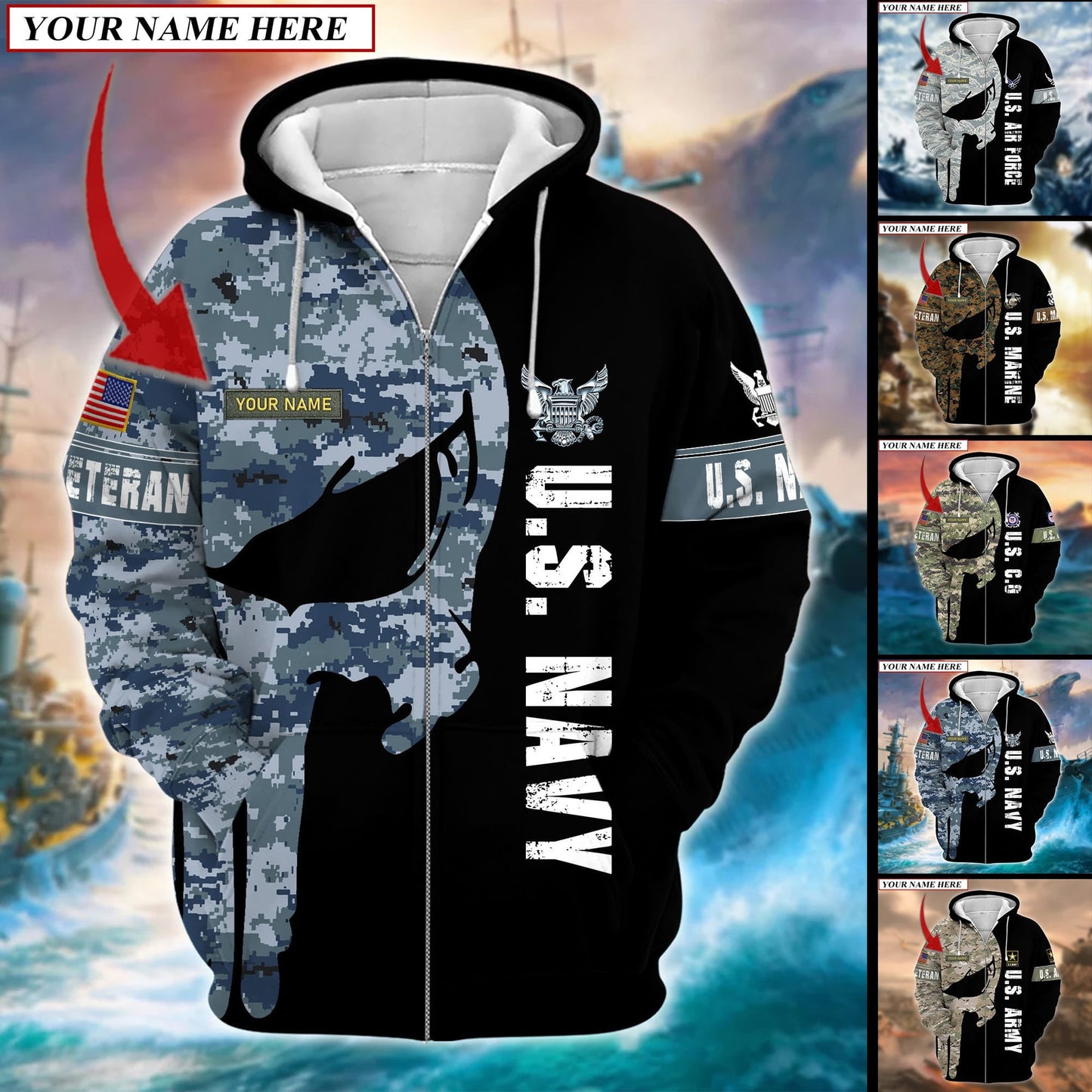 Frenzidea Premium Multiple US Military Services Veteran Personalize Zip Hoodie