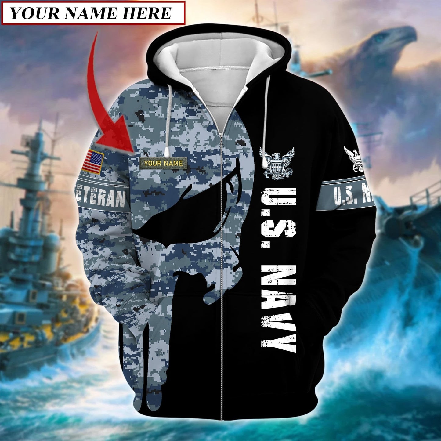Frenzidea Premium Multiple US Military Services Veteran Personalize Zip Hoodie