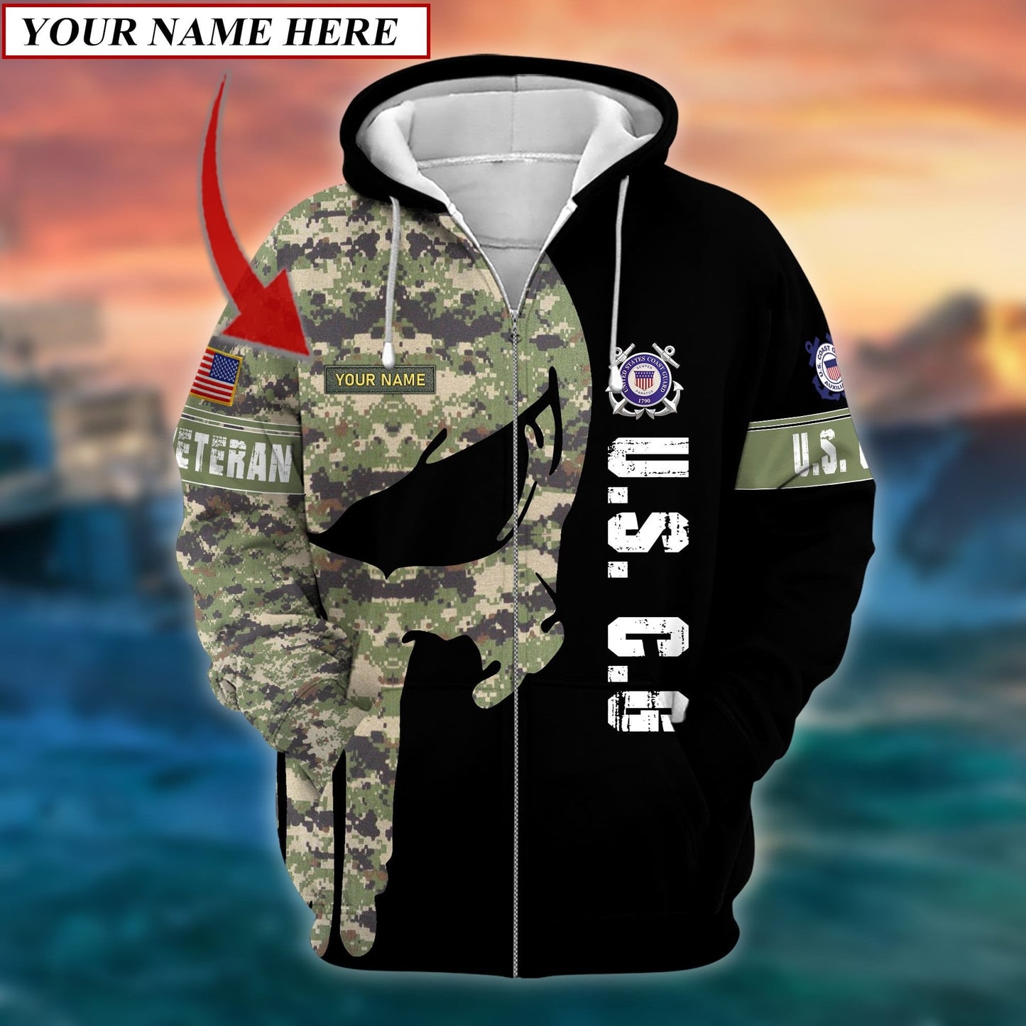 Frenzidea Premium Multiple US Military Services Veteran Personalize Zip Hoodie