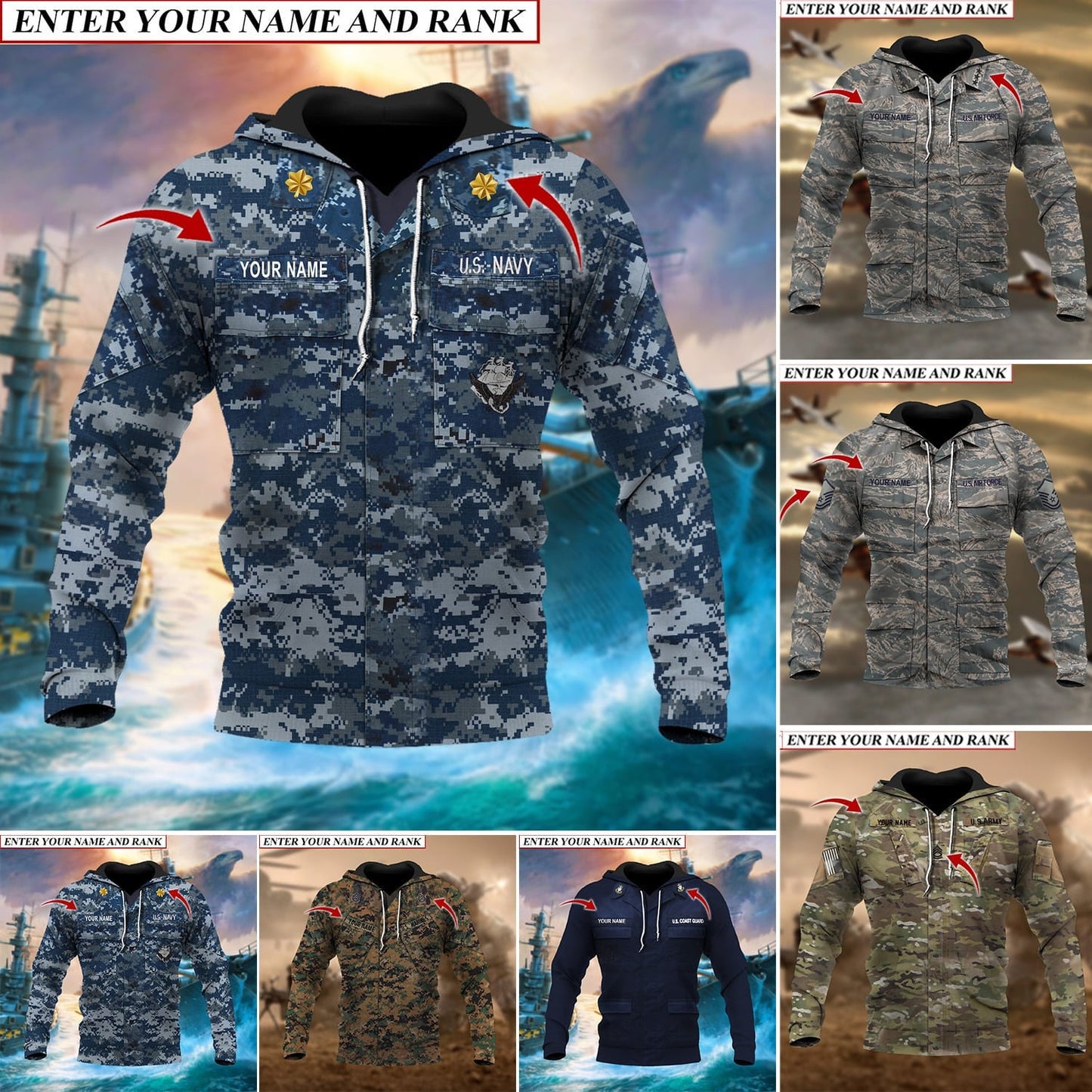 Frenzidea Premium Multiple US Military Services Veteran Personalize Hoodie