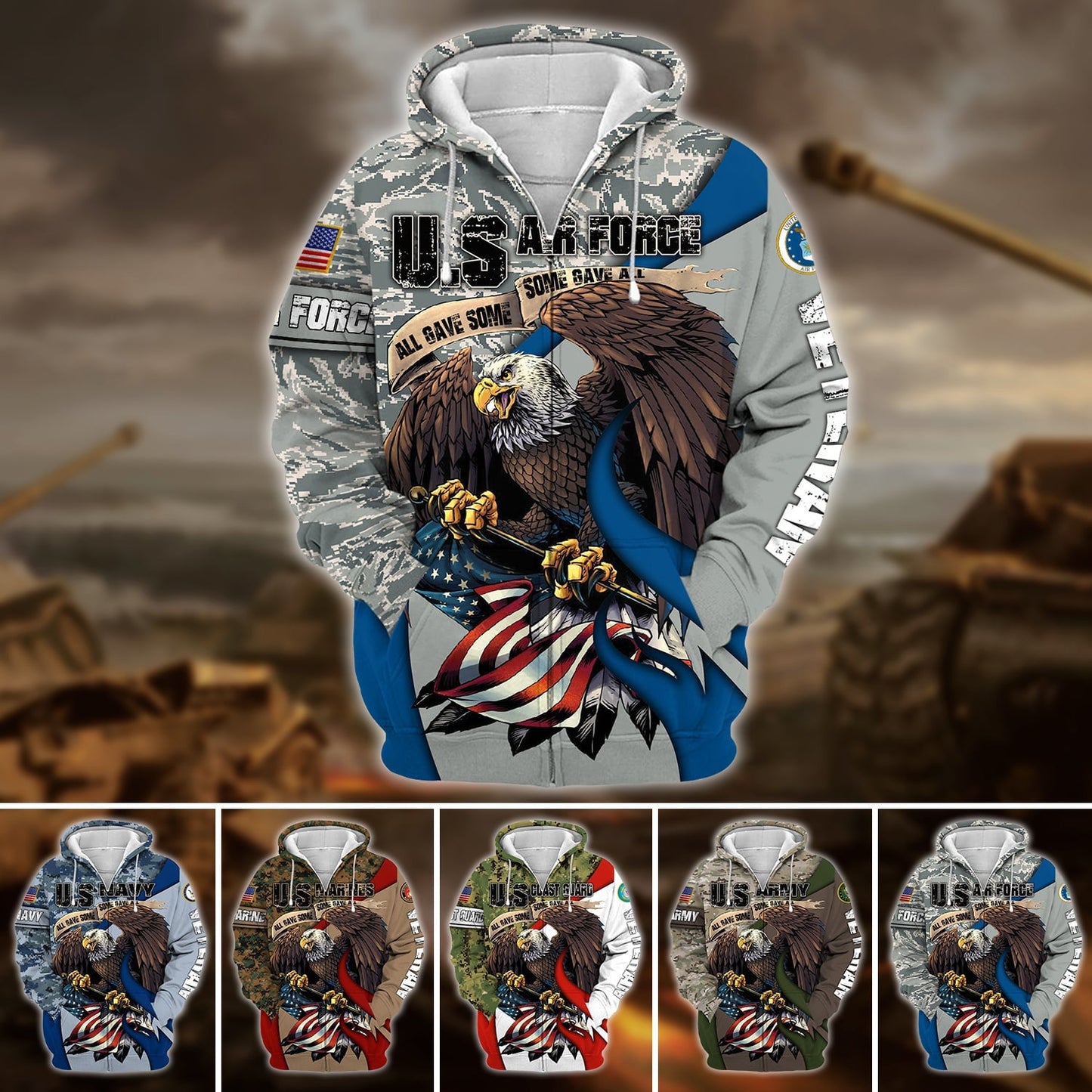Frenzidea Premium U.S Multiple Service Veteran Zip Hoodie