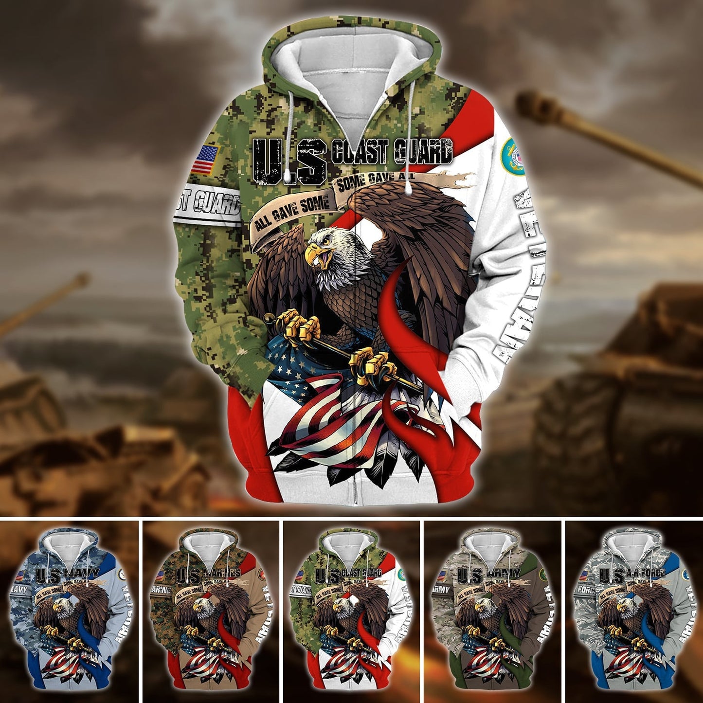 Frenzidea Premium U.S Multiple Service Veteran Zip Hoodie