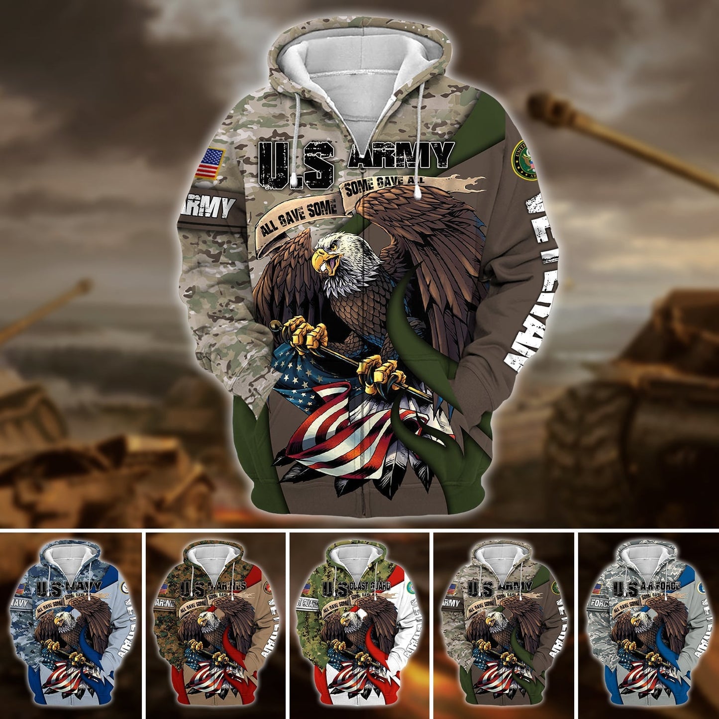 Frenzidea Premium U.S Multiple Service Veteran Zip Hoodie