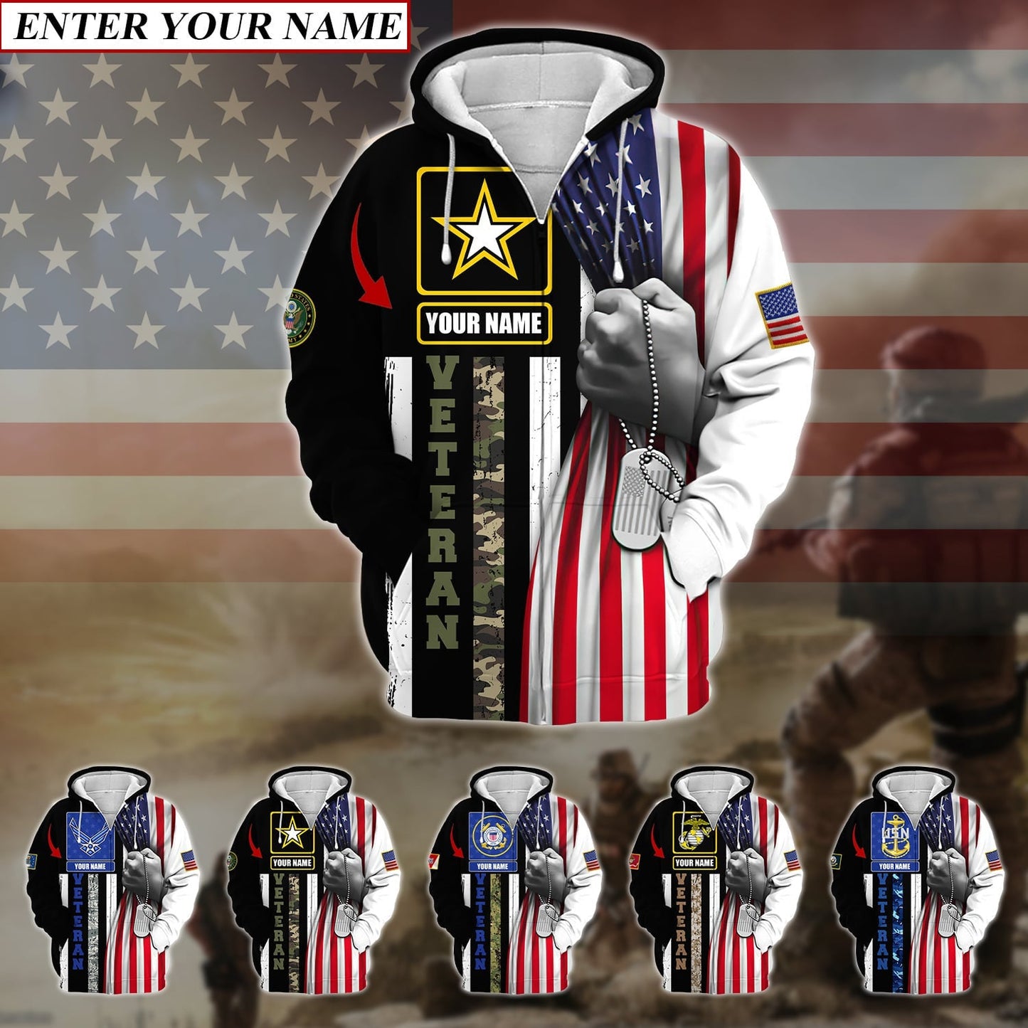 Frenzidea Personalised Premium Multiple U.S Services Veteran Zip Hoodie