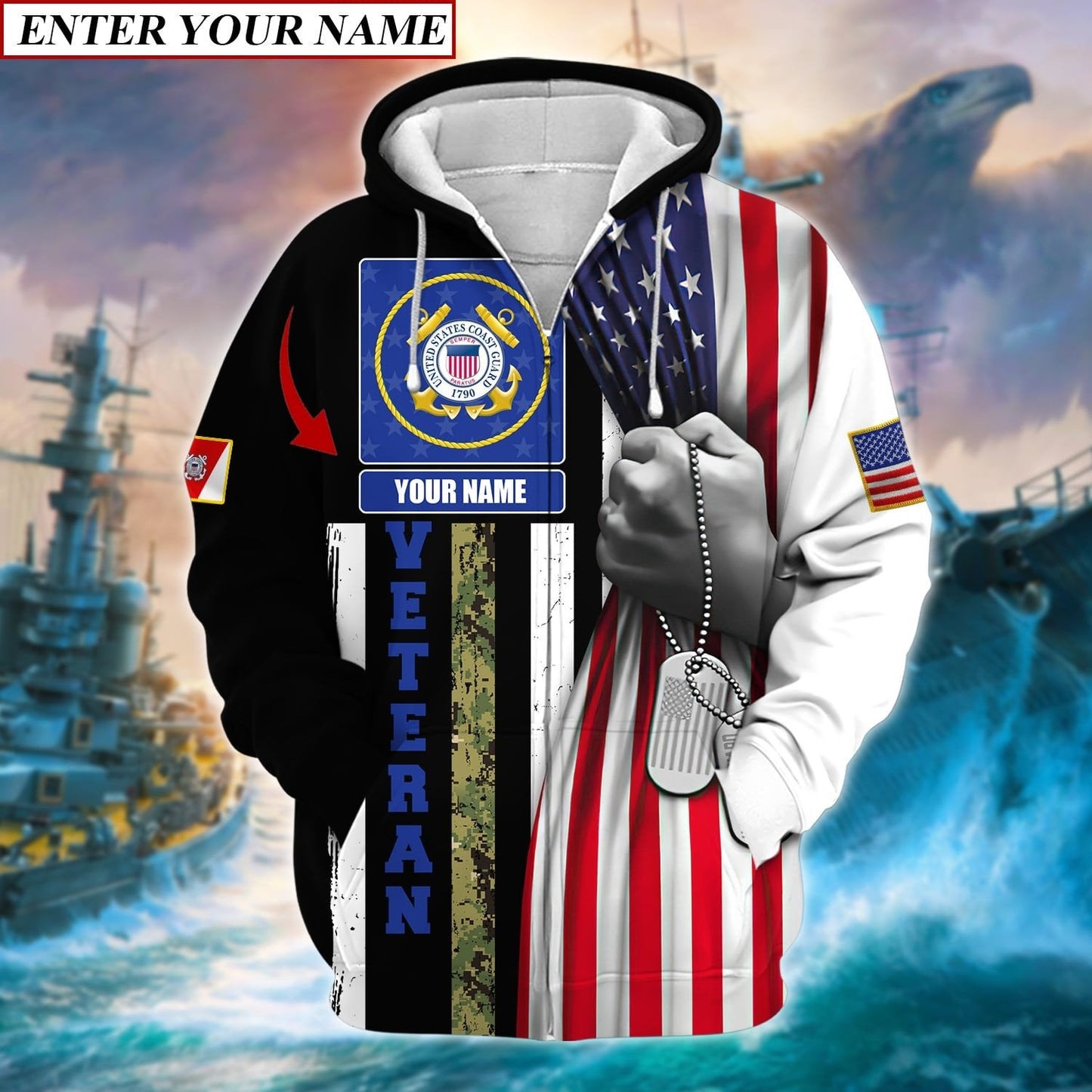 Frenzidea Personalised Premium Multiple U.S Services Veteran Zip Hoodie