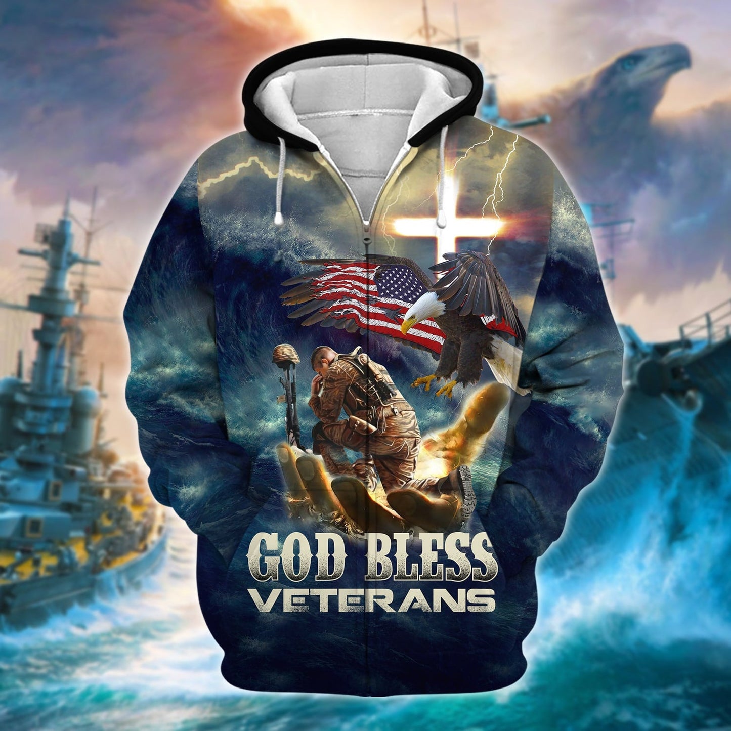 Frenzidea Premium God Bless Veterans Zip Hoodie