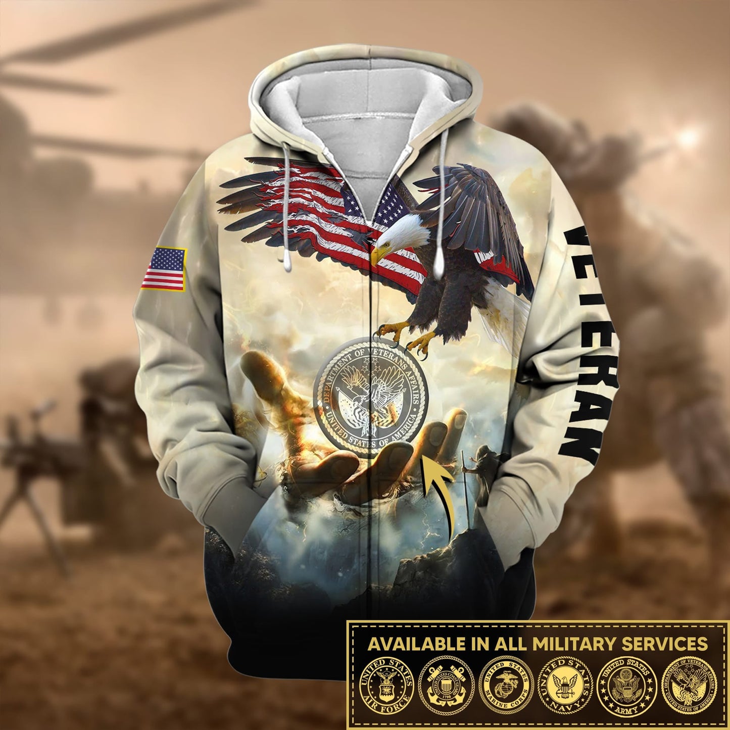 Frenzidea Premium God Bless US Veteran Zip Hoodie