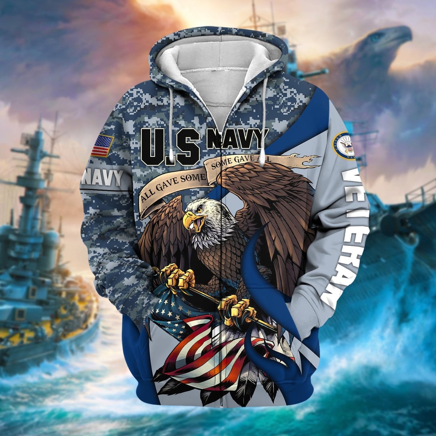 Frenzidea Premium Camo Soldiers Multiservice US Veteran Zip Hoodie