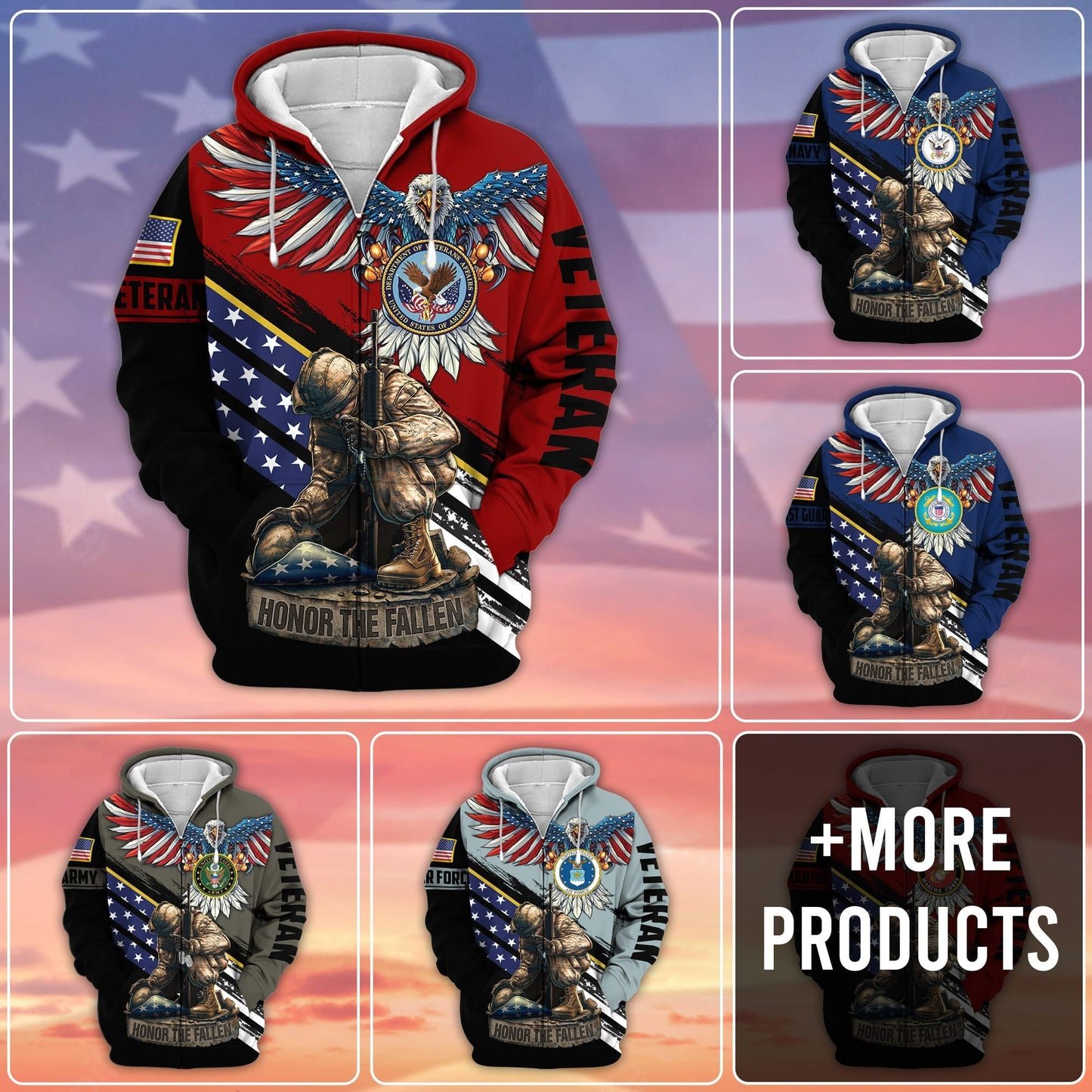 Frenzidea Premium Honor The Fallen US Veteran Zip Hoodie