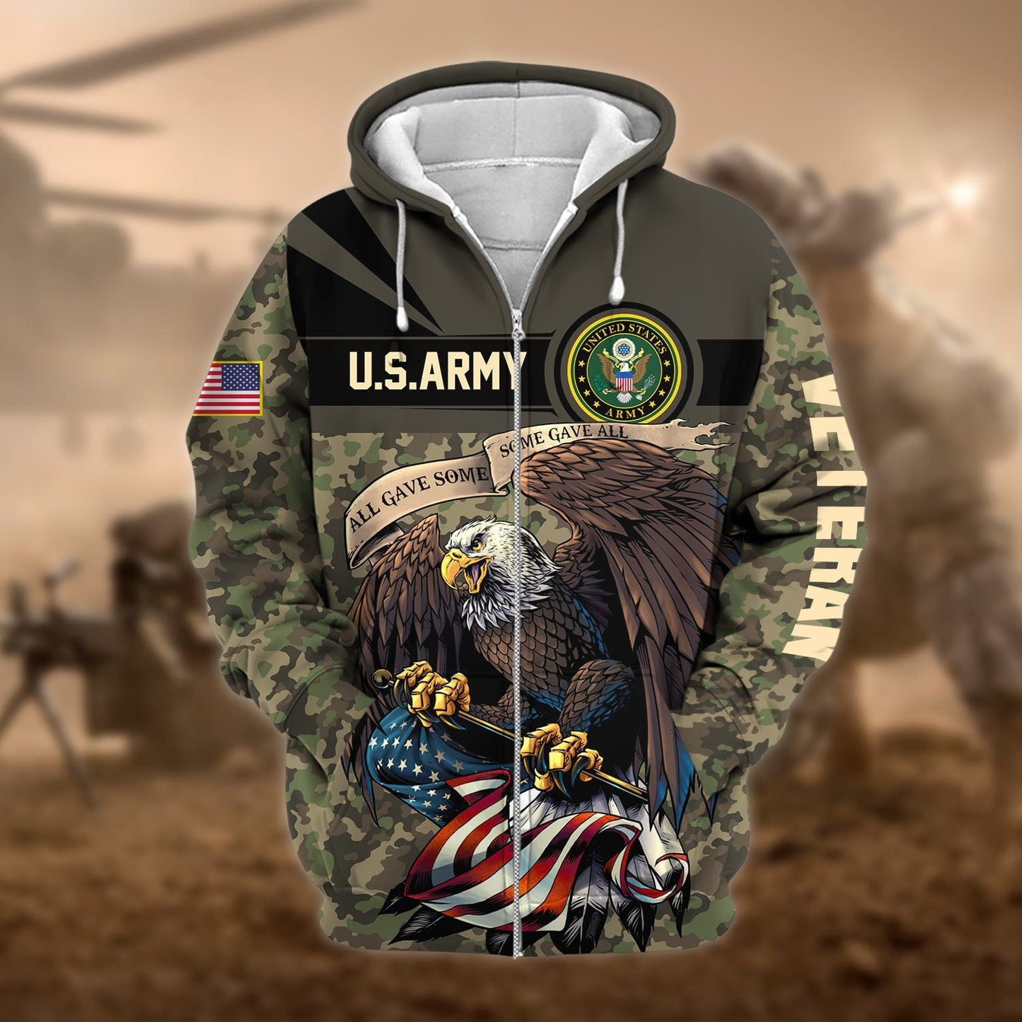 Frenzidea Premium Camo Soldiers Multiservice US Veteran Zip Hoodie