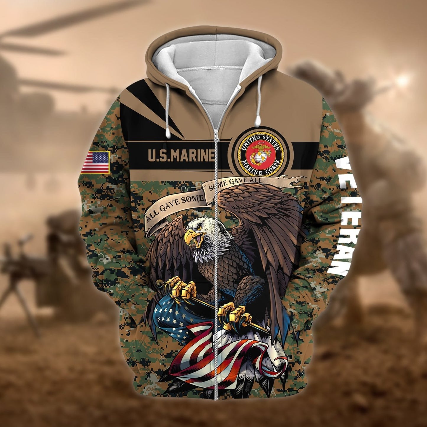 Frenzidea Premium Camo Soldiers Multiservice US Veteran Zip Hoodie