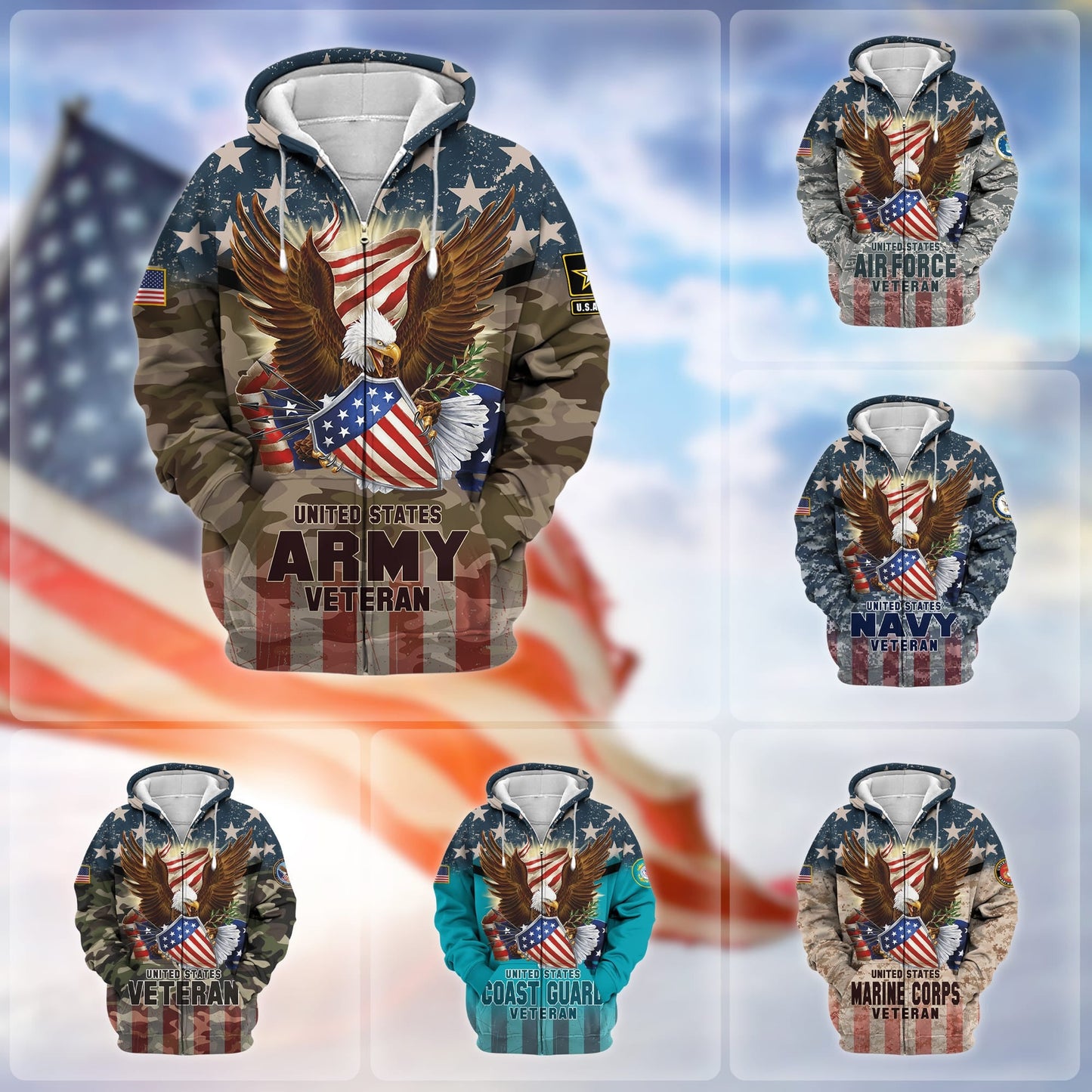 Frenzidea Premium Eagle US Veteran Zip Hoodie
