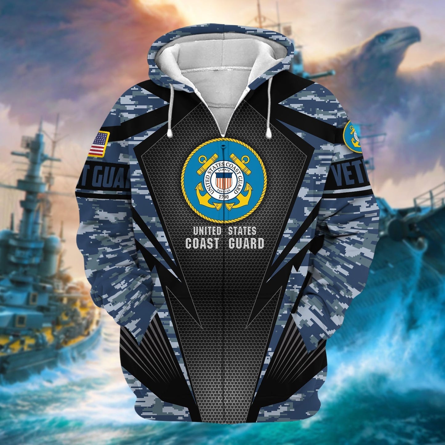 Frenzidea Unique Camo Soldiers Multiservice US Veteran Zip Hoodie