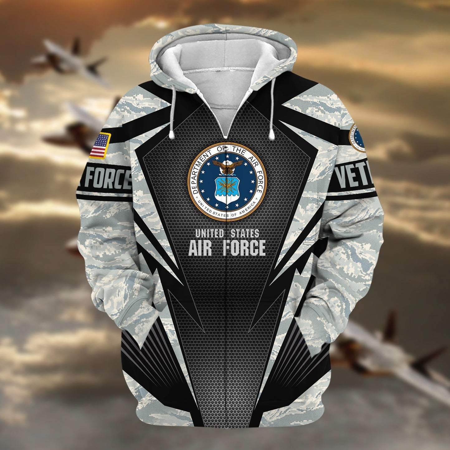 Frenzidea Unique Camo Soldiers Multiservice US Veteran Zip Hoodie