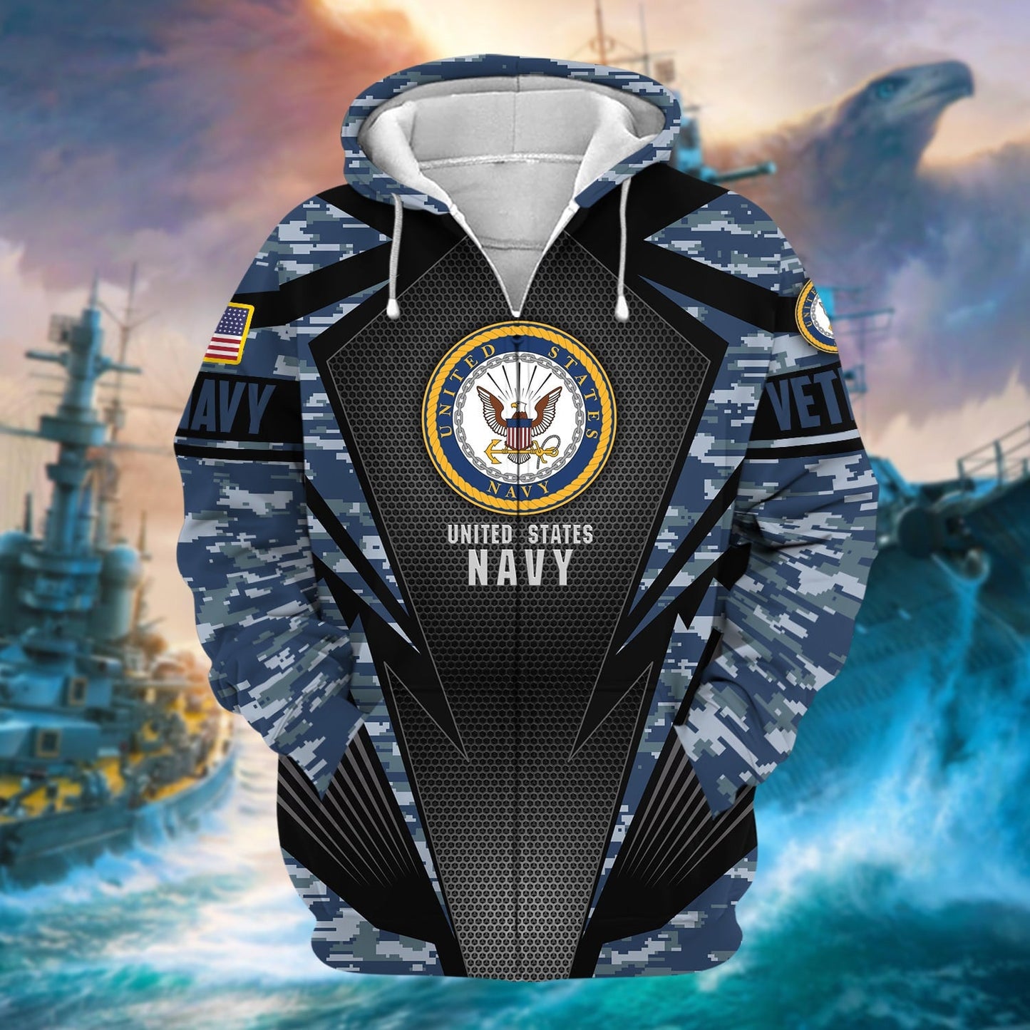 Frenzidea Unique Camo Soldiers Multiservice US Veteran Zip Hoodie