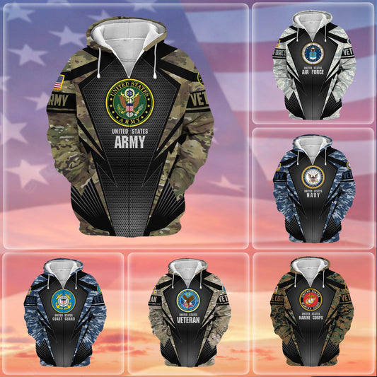Frenzidea Unique Camo Soldiers Multiservice US Veteran Zip Hoodie
