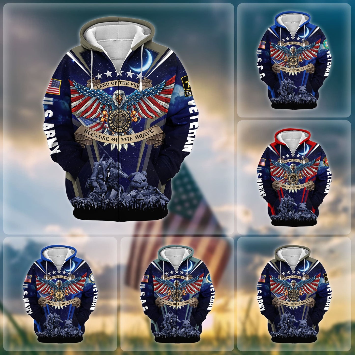 Frenzidea Premium Land Of The Free US Veteran Zip Hoodie