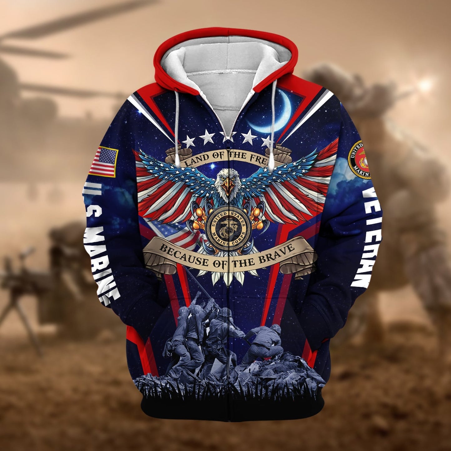 Frenzidea Premium Land Of The Free US Veteran Zip Hoodie