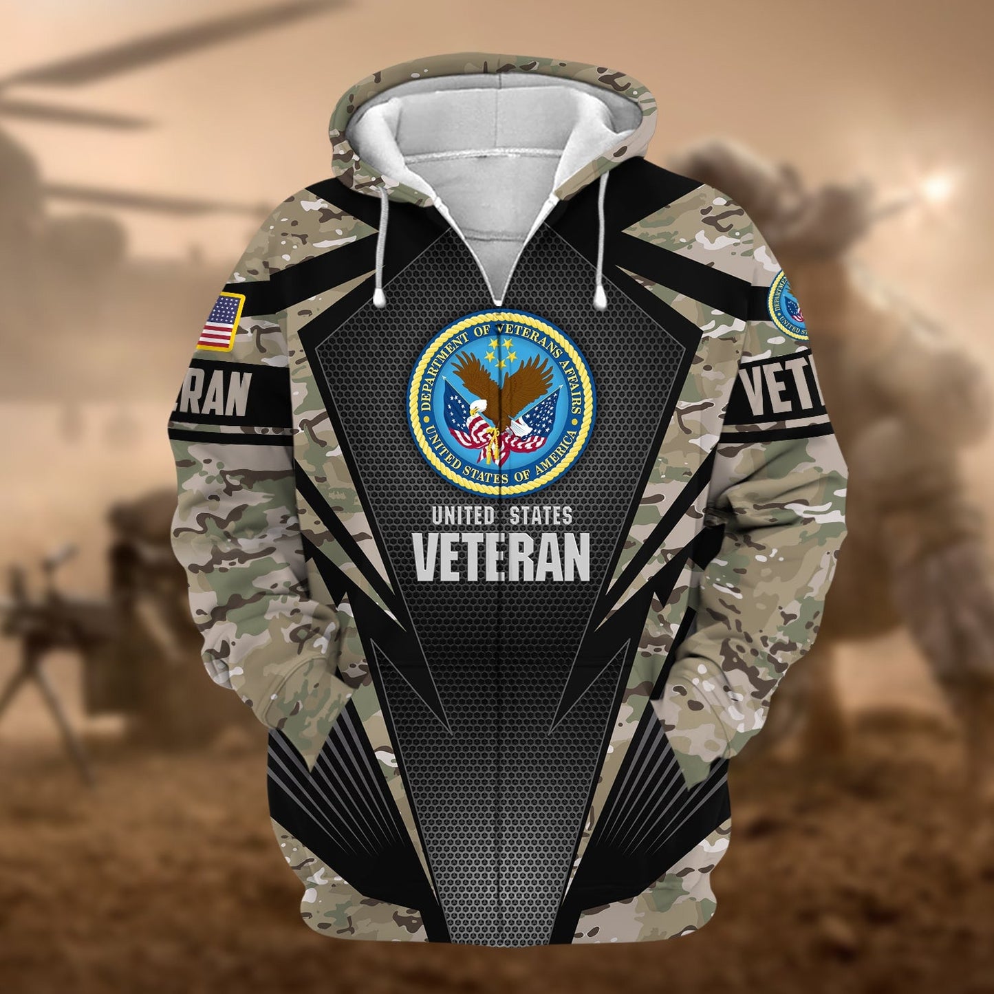 Frenzidea Unique Camo Soldiers Multiservice US Veteran Zip Hoodie