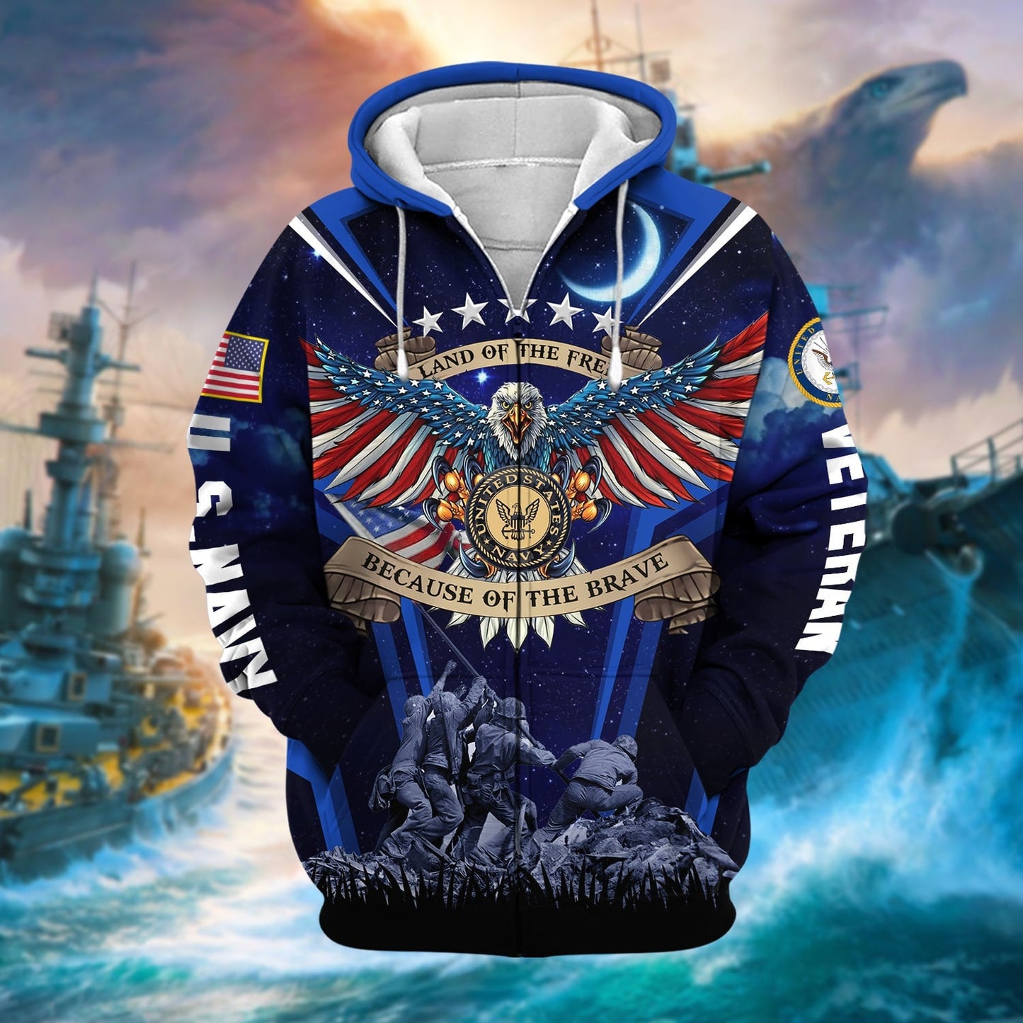 Frenzidea Premium Land Of The Free US Veteran Zip Hoodie