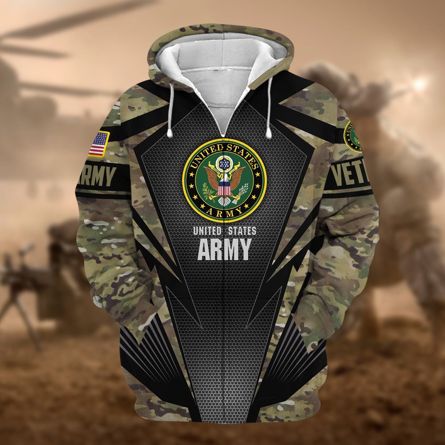 Frenzidea Unique Camo Soldiers Multiservice US Veteran Zip Hoodie