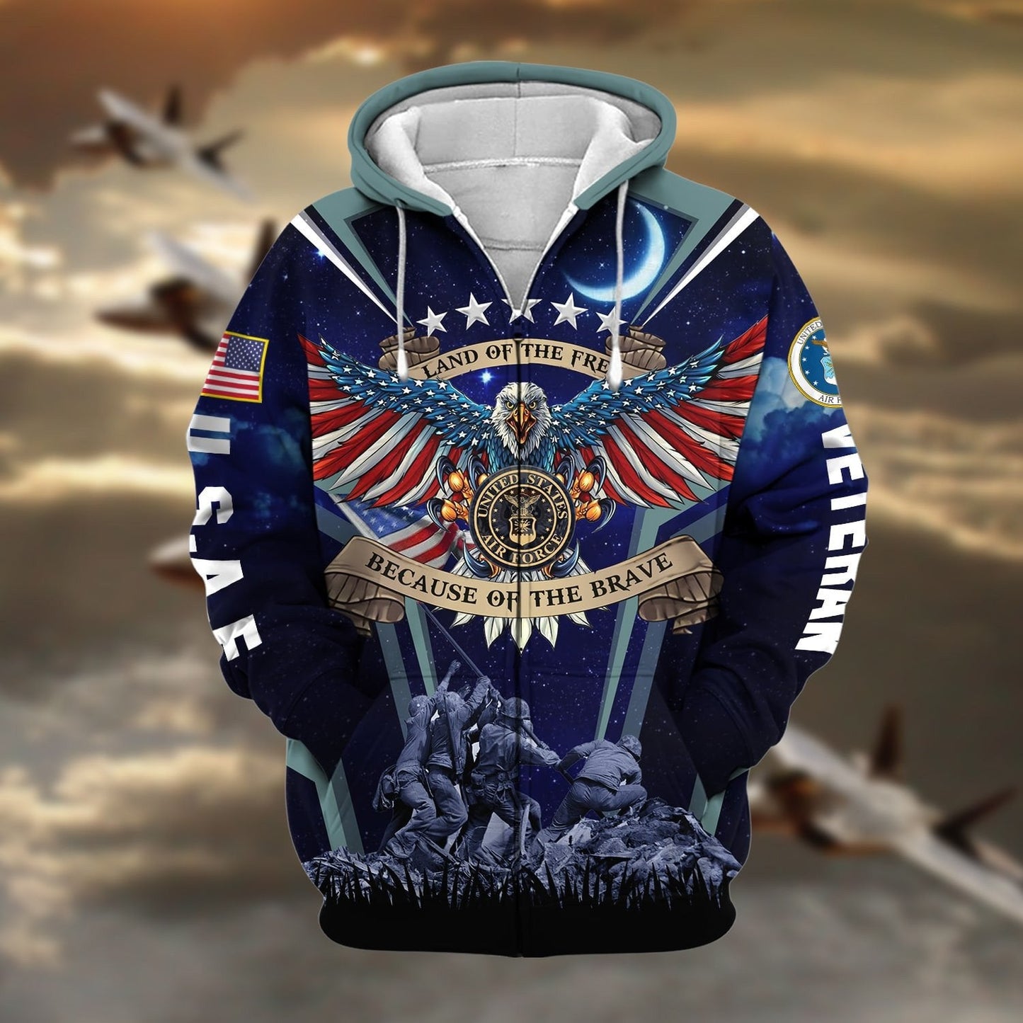 Frenzidea Premium Land Of The Free US Veteran Zip Hoodie