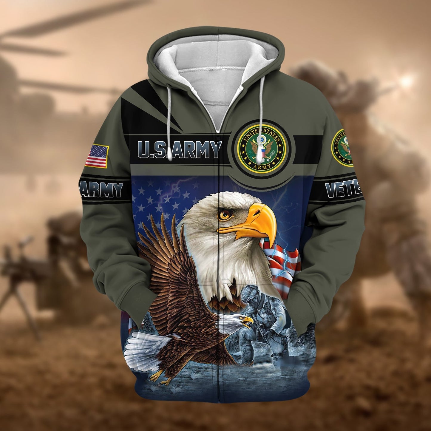 Frenzidea Unique US Veteran Eagle Zip Hoodie