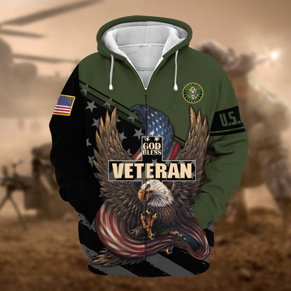 Frenzidea Premium God Bless US Veteran Zip Hoodie