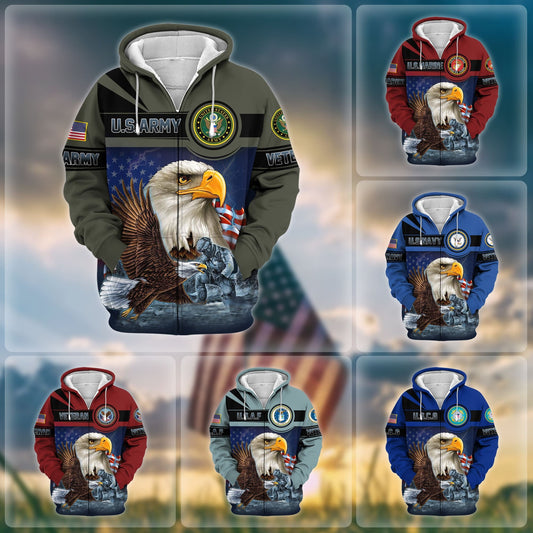 Frenzidea Unique US Veteran Eagle Zip Hoodie