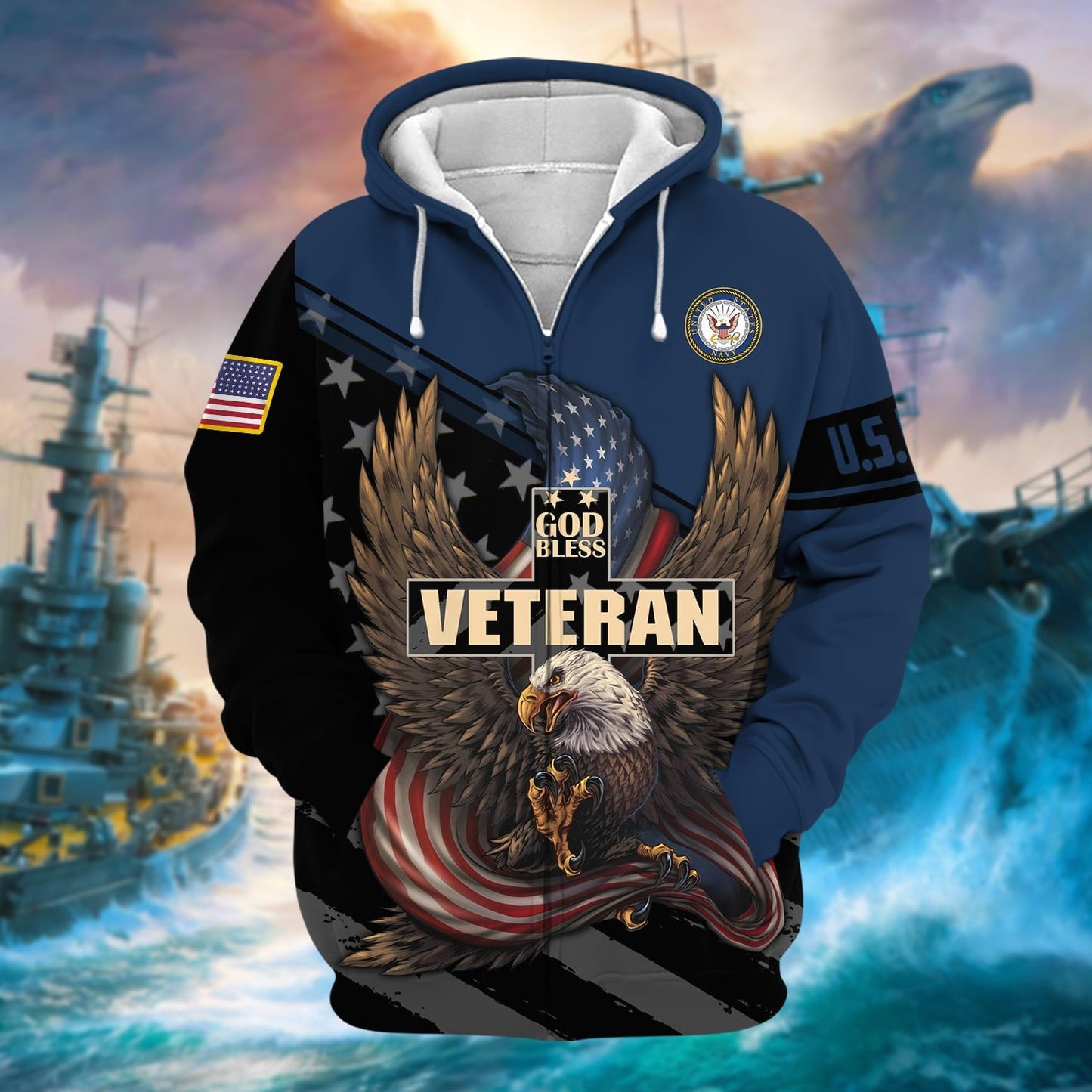 Frenzidea Premium God Bless US Veteran Zip Hoodie
