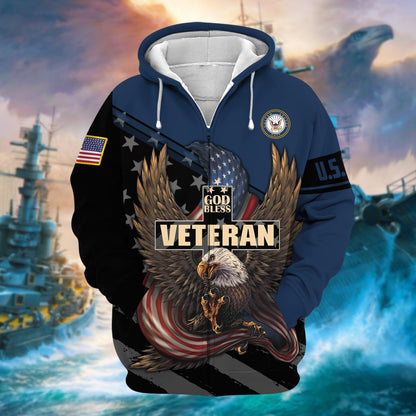 Frenzidea Premium God Bless US Veteran Zip Hoodie