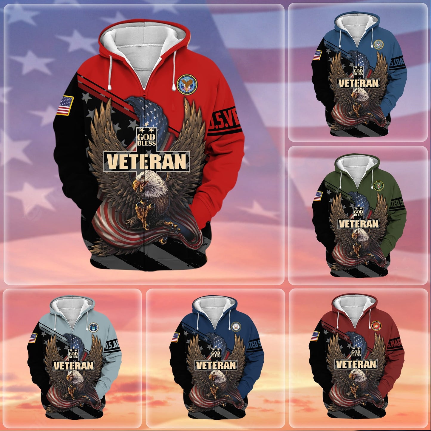 Frenzidea Premium God Bless US Veteran Zip Hoodie