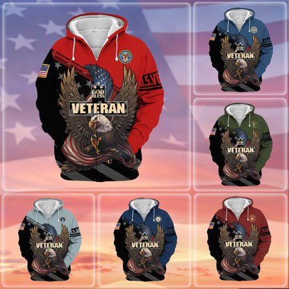 Frenzidea Premium God Bless US Veteran Zip Hoodie