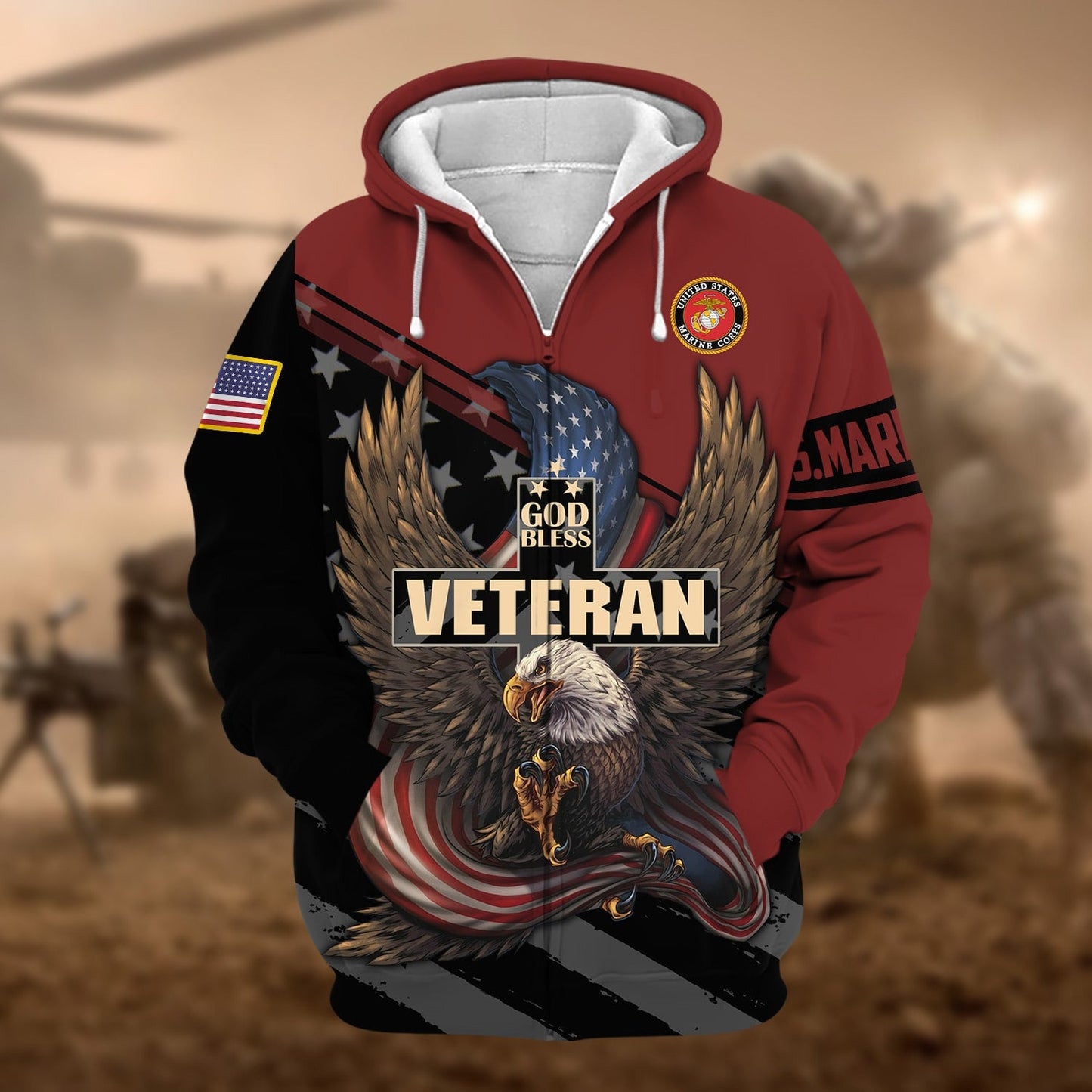 Frenzidea Premium God Bless US Veteran Zip Hoodie