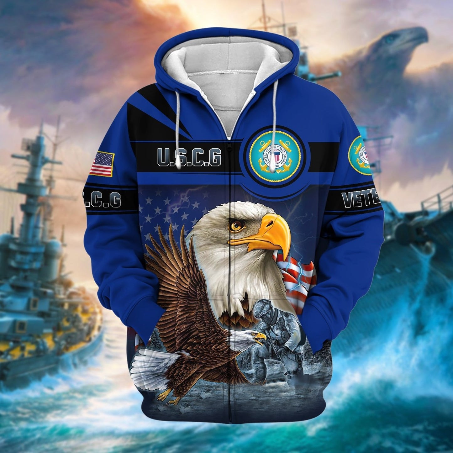 Frenzidea Unique US Veteran Eagle Zip Hoodie