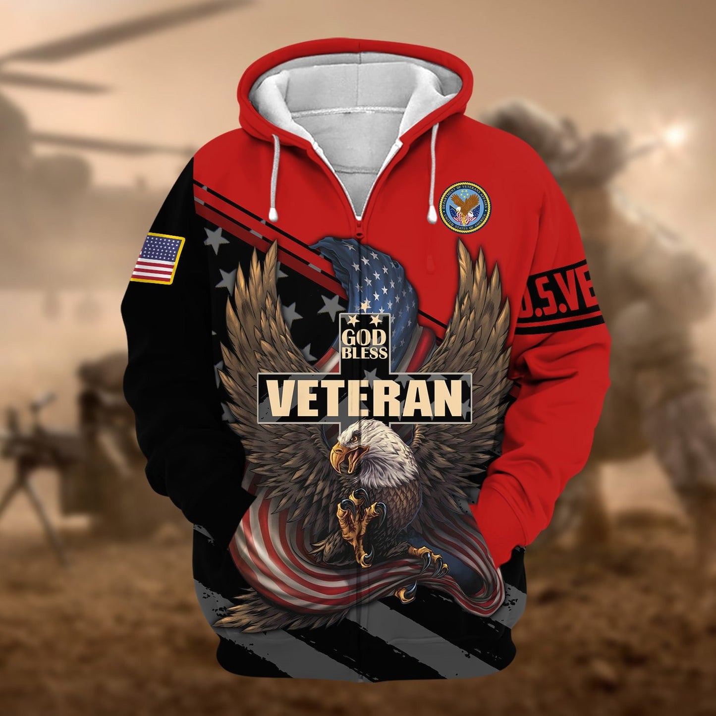 Frenzidea Premium God Bless US Veteran Zip Hoodie