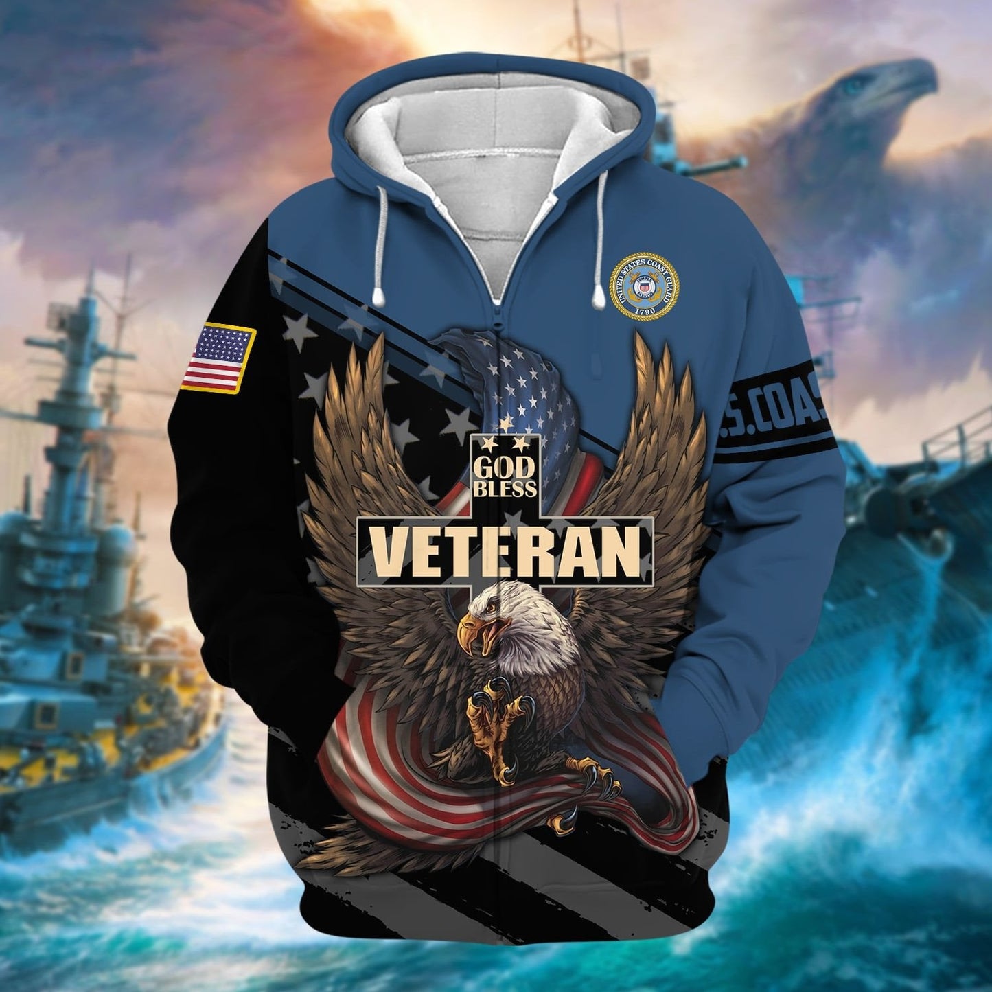 Frenzidea Premium God Bless US Veteran Zip Hoodie