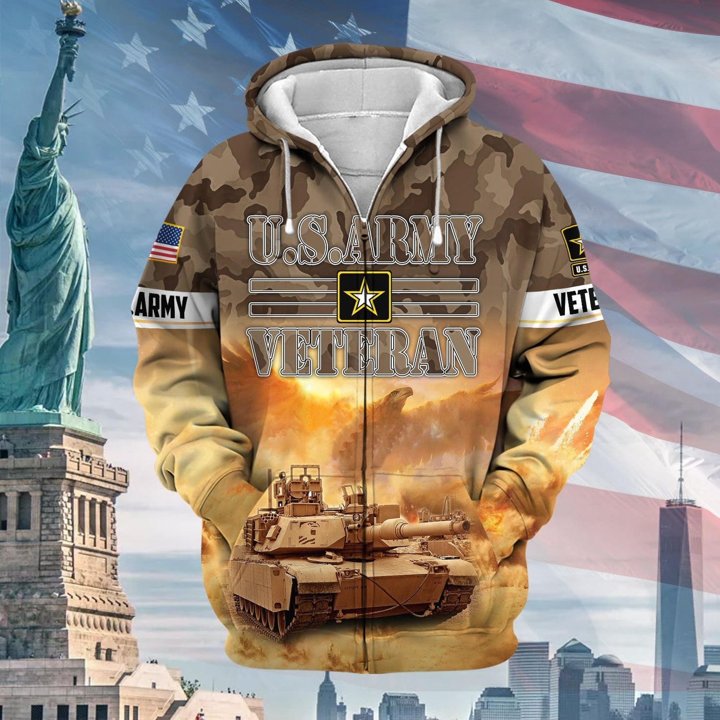 Frenzidea Premium Proudly Served Multiservice US Veteran Zip Hoodie
