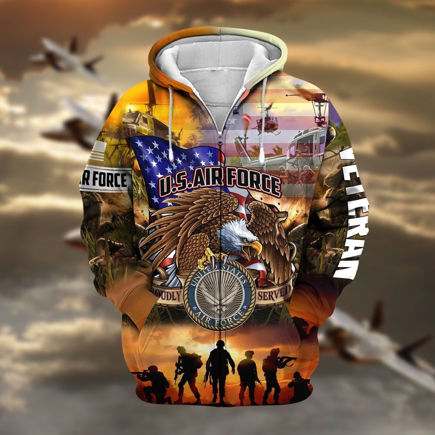 Frenzidea Premium Honoring All Who Served US Veteran Zip Hoodie