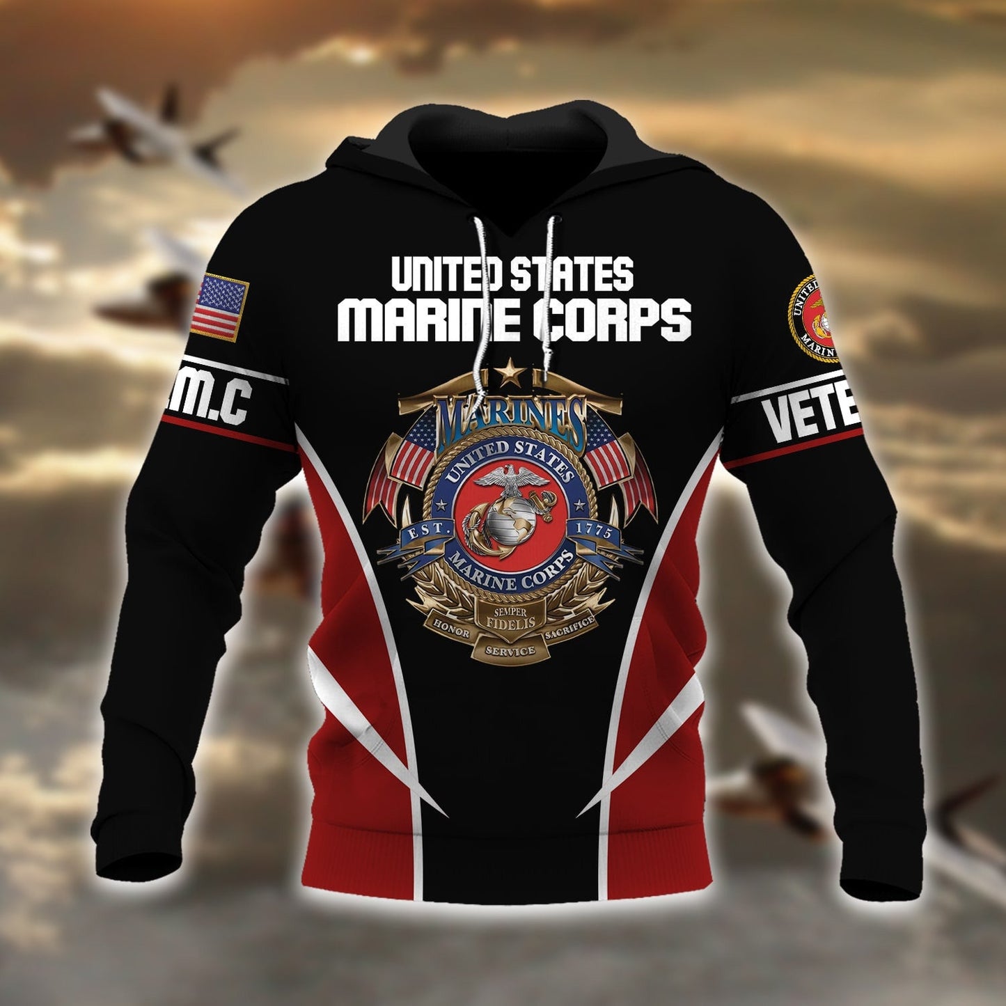 Frenzidea Premium Multiple US Military Services Veteran Hoodie