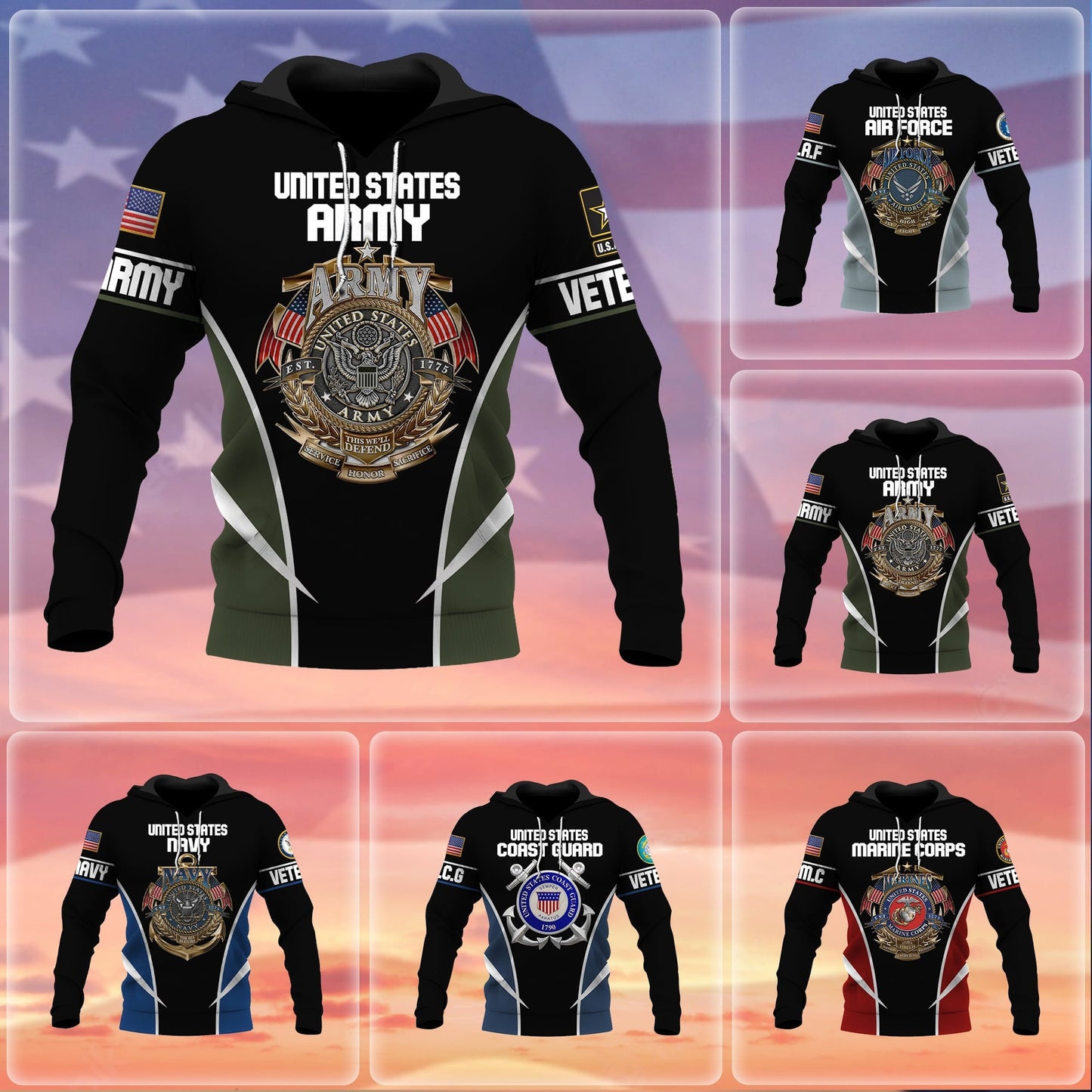 Frenzidea Premium Multiple US Military Services Veteran Hoodie