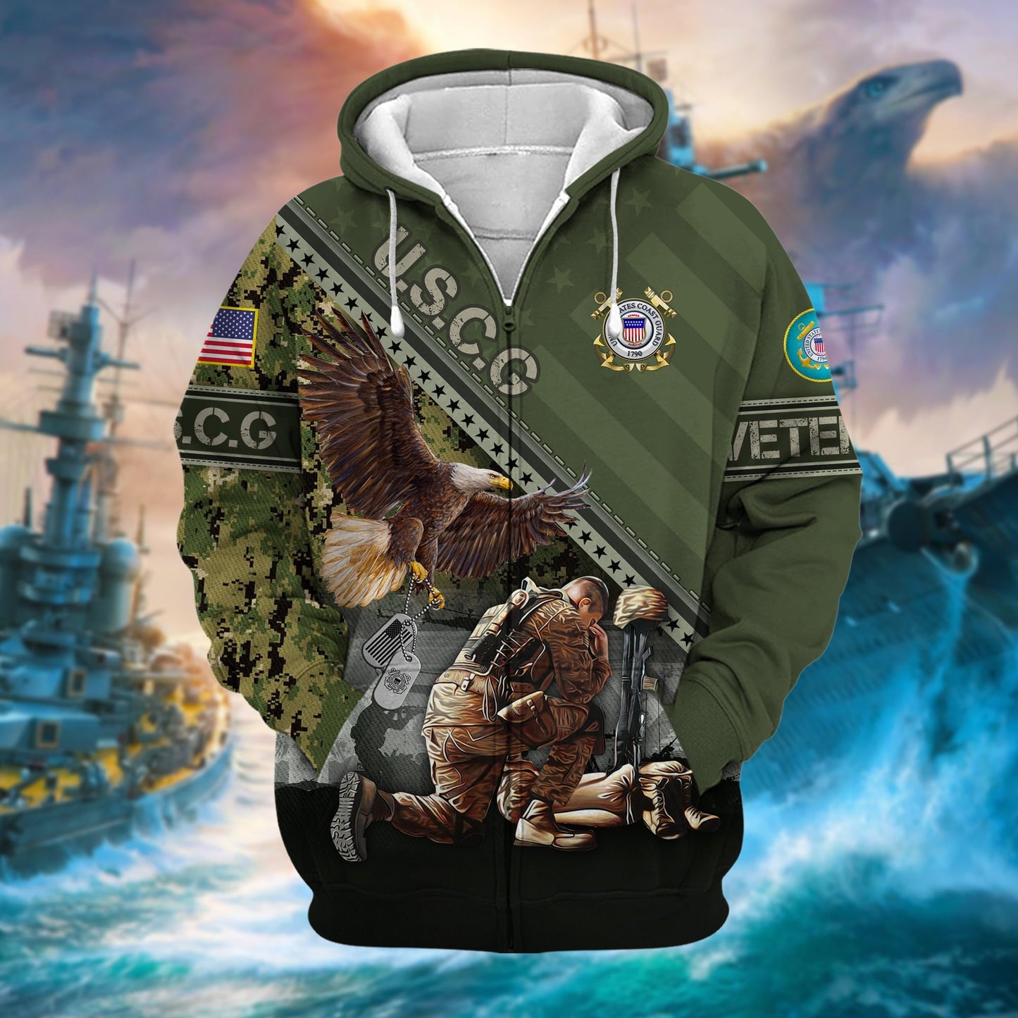 Frenzidea Premium Proudly Served US Veteran Zip Hoodie